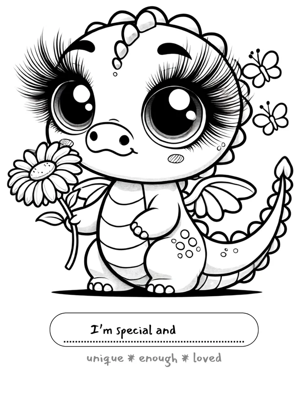 Sample page: a big-eyed dragon holding a daisy, with the prompt 'I'm special and…' to finish.