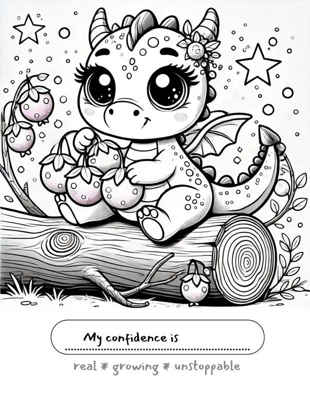 Sample page: a dragon sitting on a log picking dragon fruit, with the prompt 'My confidence is…' to finish.
