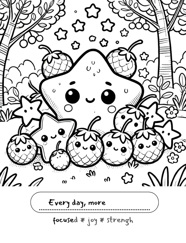 Sample page: a smiling star fruit among dragon fruits, with the prompt 'Every day, more…' to finish.