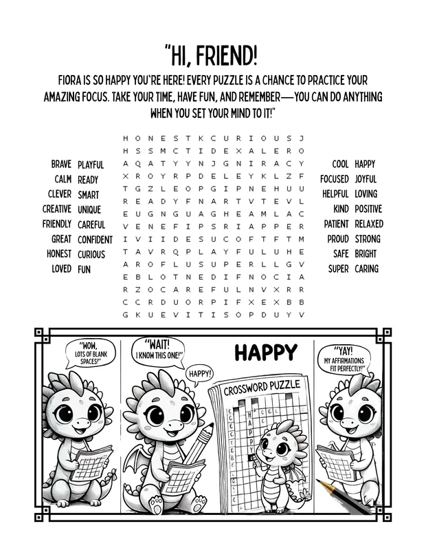 Sample page: a word search of affirmation words, with a four-panel Fiora comic below.