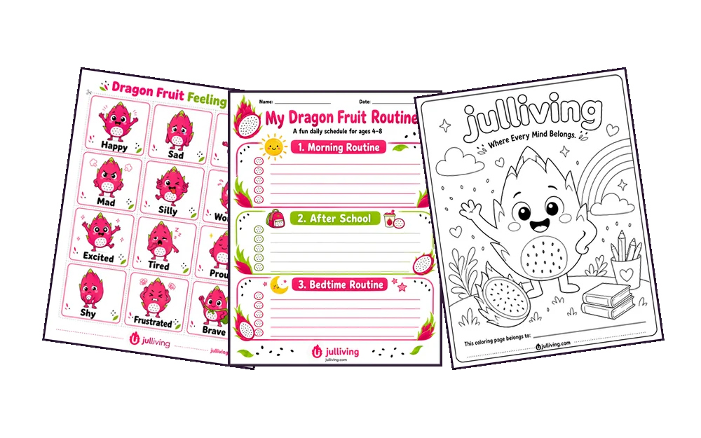 The three printables fanned out: feeling cards, a daily routine sheet and a colouring page.